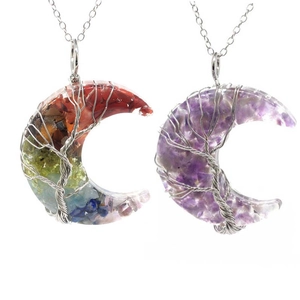 Natural Crystal Gravel Crescent Moon Tree Of Life Pendant Necklace Copper Wire Wrap Chakra Healing Jewelry For Women