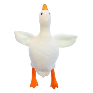 Standing large white goose plush toy with soft white fur and bright orange beak and feet