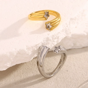 18K gold plated stainless steel open ring featuring sparkling star shaped zirconia stones