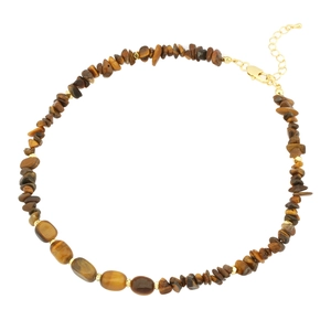 Irregular brown tiger eye stone necklace with gold-plated clasp on white background