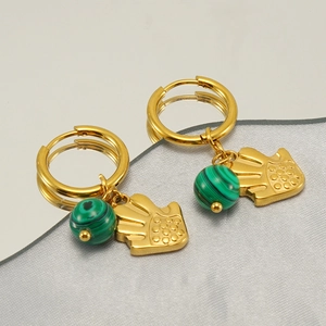 Vintage Hoop Earrings 18K Gold Plated Stainless Steel With Natural Malachite Bead And Hamsa Hand Pendant For Women