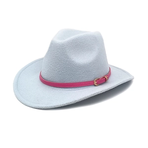 Light blue felt cowboy hat with wide brim and fuchsia leather belt with gold buckle