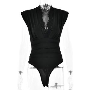 Elegante body in pizzo nero con scollo a V da donna con vestibilità aderente senza maniche