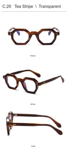 Detailed views of polygon sunglasses in tea stripe finish with high-quality frame