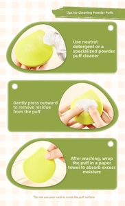 Detail guide for cleaning light green makeup sponges using neutral detergent and pressing