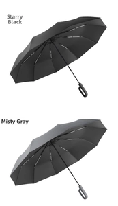 Detail view of starry black and misty grey umbrellas with circular hook handles
