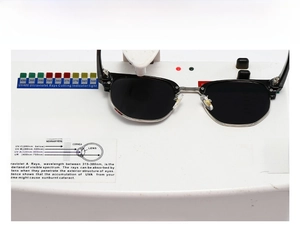 Men's square semi-rimless sunglasses shown undergoing a UV400 protection test