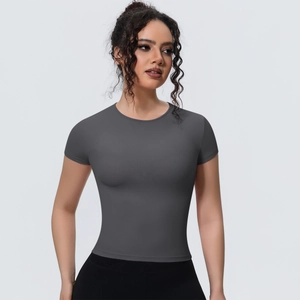 Close-up of charcoal grey slim fit yoga t-shirt showing breathable fabric and tailored seams