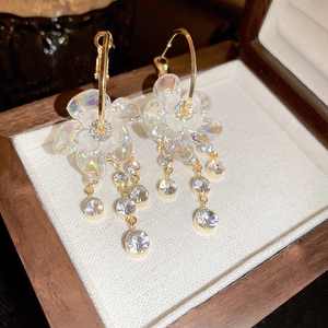 925 silver needle flower tassel earrings with iridescent petals and gold finish