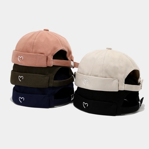 Unisex Cotton Docker Hat Heart Embroidery Adjustable Brimless Miki Cap Retro Casual Sailor Style Beanie Hat