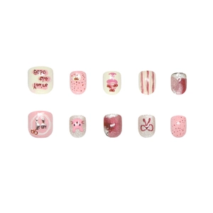 Pink cartoon bunny press-on nails with glitter stripes and You're the Best lettering