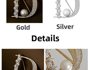 Detail der D-förmigen Brosche mit Strasssteinen und einer großen runden Perle in Gold und Silber