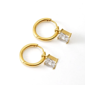 Golden stainless steel hoop earrings with square cubic zirconia pendants on white background