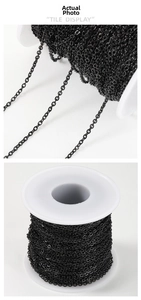 Detail view of black stainless steel O-chain roll for DIY jewelry and necklace crafting