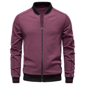Detail of the stand collar and metal zipper on this wine red business casual jacket