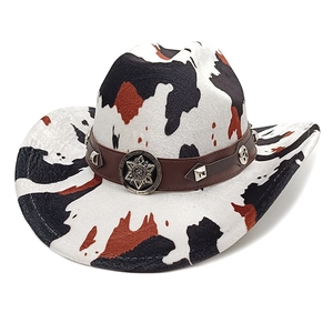 Western Cowboyhut mit Kuhmuster Wolltextur und dekorativer Stern Metallschnalle
