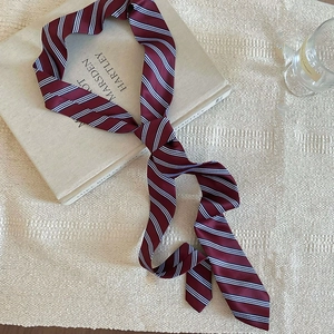 Detail of burgundy striped skinny silk scarf draped over vintage books for styling