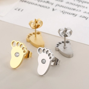 Minimalist stainless steel pet paw earrings with zircon inlay in gold and silver finish