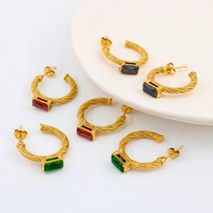 Elegant Stainless Steel Textured C-Shaped Hoop Earrings With Square Zirconia Vintage Gold Plated Geometric Earrings For Women Jewelry