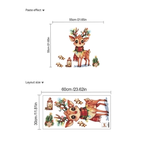 Size chart for Christmas deer wall stickers showing 55x55cm paste effect and layout dimensions