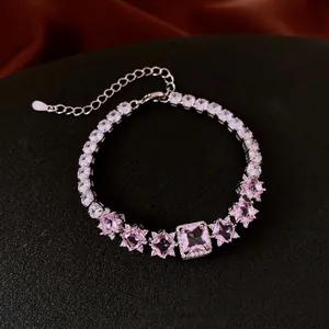 French style square pink zircon bracelet with S925 silver tennis chain and adjustable clasp