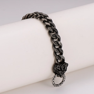 Bracelet punk vintage pour hommes avec tête de lion et chaîne à maillons argent vieilli