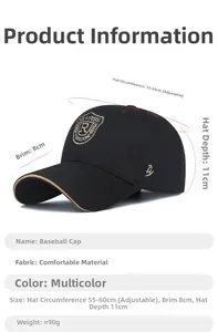 Detail showing dimensions and size chart for the black baseball cap with shield embroidery