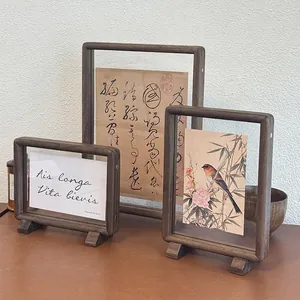 Black walnut wood magnetic double-sided photo frames in a three-piece set for home decor