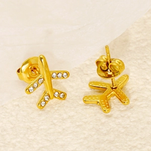 Chic 18K gold plated airplane stud earrings with sparkling crystals for a trendy look