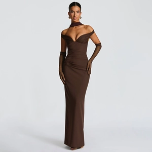Elegant strapless brown bodycon maxi dress with matching long gloves for formal events
