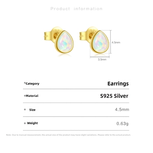 Detail view of S925 silver pear-shaped opal earrings showing 4.5mm x 3.5mm dimensions