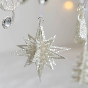 Funkelndes weißes Weihnachtsbaum-Schmuckset mit Stern und Notenmotiv mit Glitzerdekor