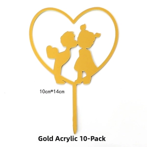 Detail of 10cm x 14cm gold acrylic cake topper with silhouette kissing couple design