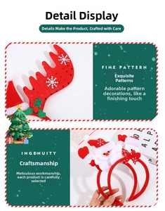 Close-up of Santa Claus and red reindeer antler headbands with festive plush texture