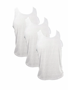 Three-pack white cotton athletic gym tank tops featuring classic racerback cut for men
