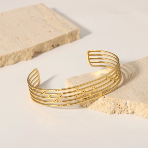 French vintage 18K gold plated stainless steel multi-layer open cuff bracelet for women