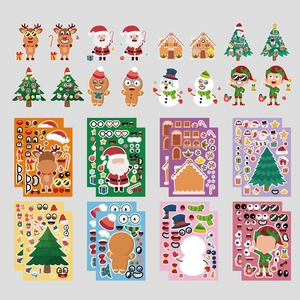 DIY Christmas stickers for kids featuring Santa, reindeer, and gingerbread man puzzle sets