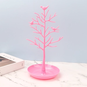 Portagioielli a forma di albero rosa con uccellini e vassoio tondo su base marmo
