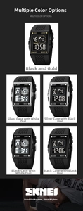 Detail view of square digital sports watches in black, gold, and silver color variants