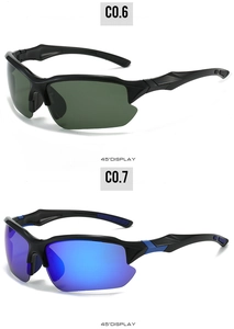 Détail de lunettes de cyclisme polarisées à demi-monture en variantes noires et bleues