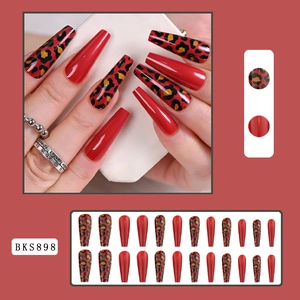 Long coffin fake nails set featuring solid red and leopard print patterns model BKS898