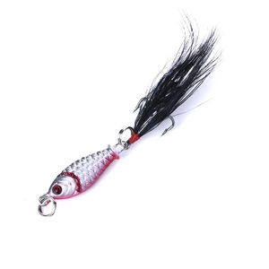 Macro detail of bionic fishing lure with silver scales and red feather single hook