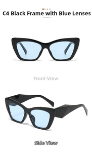 Detail view of square cat eye sunglasses with black frames and translucent blue lenses