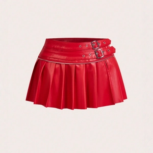 Women PU Leather Pleated Mini Skirt Double Buckle Belt Zipper Detail High Waist Sexy Punk Y2K Style