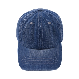 Classic dark blue washed denim baseball cap with six-panel structure and curved brim design