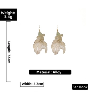 Detail of goldfish earrings showing 3.4g weight and 7.5cm length on white background