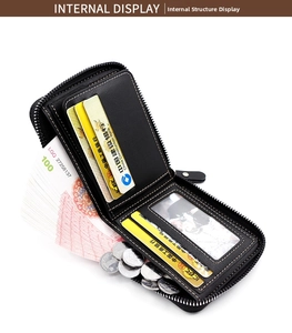 Internal view of black leather wallet with multiple card slots and zipper coin pocket