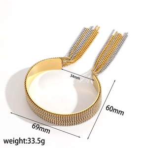 Two-tone woven stainless steel bangle with fringe design and detailed dimensions
