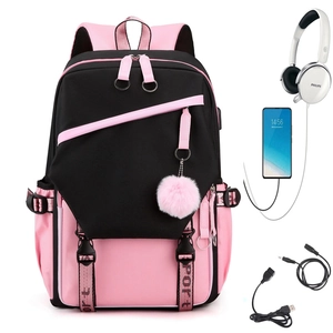 Fashion Contrast Color Nylon Backpack For Students Large Capacity With USB Port Headphone Jack And Plush Ball Pendant