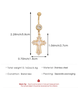 Detailed size specifications of the gold cross belly ring with zircon stones and dimensions